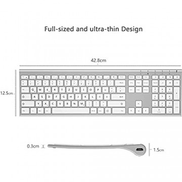 Jelly Comb Kabellose Tastatur und Maus 2 4G Ultradünne Funktastatur und Maus mit Ziffernblock Full-Size Wiederaufladbare QWERTZ Tastatur für Computer Laptop Notebook Windows(Weiß und Silber)
