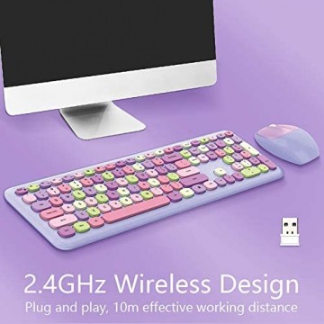 Kabellos Maus und Tastatur Set Kompatibel mit Computer Laptop Notebook Mac Windows XP / 7/8/10 2.4 GHz integrierte Akkus Tastatur mit Multimedia Tasten Tasten Maus Plug & Play ergonomisch (Lila)