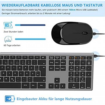 LEKVEY Wiederaufladbare Tastatur Maus Set Kabellos Ultraslim Stilvolle 2.4G Wireless Tastatur mit Ziffernblock und Leise Funkmaus Fullsize QWERTZ Layout für PC/Laptop/Smart TV usw Space Grau