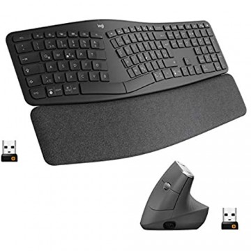 Logitech Ergonomic Wireless Keyboard and Mouse Combo Ergo K860 and MX Vertical Mouse Rechargeable Bluetooth or USB Receiver Wrist Support Compatible with Laptop/PC/Windows/Mac