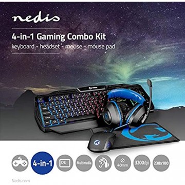 NEDIS - Gaming-Combo-Kit - 4-in-1 - Tastatur Headset Maus und Mousepad - 5 V 0.5 A - Rechtshändig - 6 Knöpfe - Operating System Windows - USB - 1200/1600 / 2000/3200 DPI- Deutsches Layout