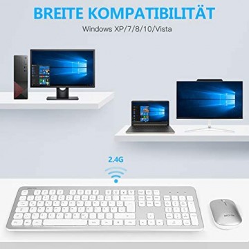 OMOTON Tastatur und Maus Kabellos 2.4G Wireless Tastatur Maus für PC/Computer/Laptop/Notebook Business/Home Office Deutsches QWERTZ-Layout Silber