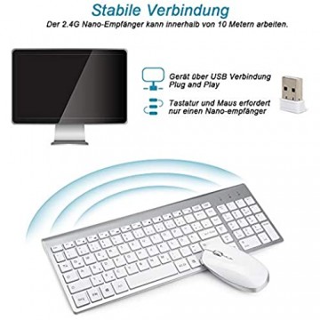 Sanhoton Kabellose Tastatur und Maus 2.4G Ultradünne Tragbare Kabellose Tastatur-Maus-Sets Kompatibel mit Windows/Mac/Android-Tablets (Silber Weiß)