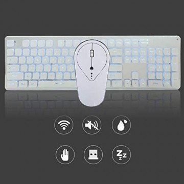 USB Wireless Gaming Maus Tastatur Set Kabellose Maus Tastatur Aufladbare Noiseless Tastatur Maus Combo Kompatibel mit La sergravur Technologie/Rutschfestigkeit/keiner Korrosion(Silberweißes Eisblau)