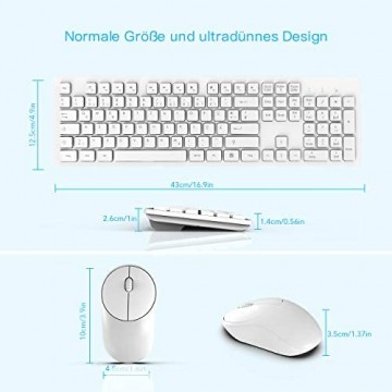 WisFox Tastatur Maus Set Kabellos 2.4GHz Ultra Dünn Fortgeschrittene Leise Tastatur Maus Kabellos Combo Voller Größe mit USB Nano Empfänger für Laptop QWERTZ- Deutsches (Weiß)