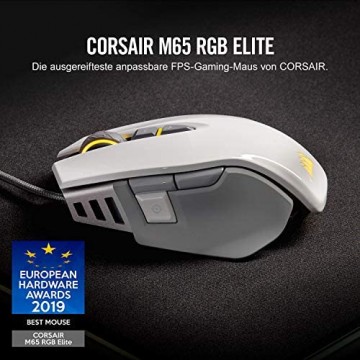 Corsair M65 Elite RGB FPS Gaming Maus (18.000 DPI optischer Sensor RGB LED Hintergrundbeleuchtung Anpassbares Gewichtssystem) weiß