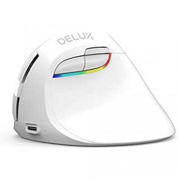 DELUX Vertikale Maus Kabellose Ergonomische Maus mit BT 4.0 und 2.4G Wireless Dual Mode Integrierter wiederaufladbarer Akku Silent Design 6 Tasten und 4 DPI Levels Optische PC Maus mit RGB Licht(Weiß)