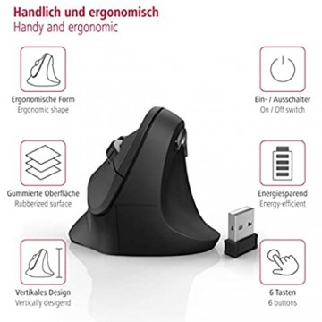Hama kabellose Maus ergonomisch (Vertikale Maus ohne Kabel für Rechtshänder Wireless Funk-Maus mit optischem Sensor 1000/1400/1800dpi) schwarz