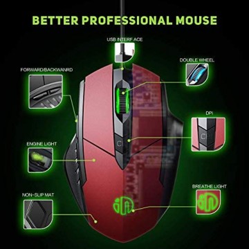 INPHIC Mouse mit USB-Kabel Silent Click und optischem Tracking 4800DPI 6-Tasten-Maus für PC Computer Laptop MacBook Office Rot