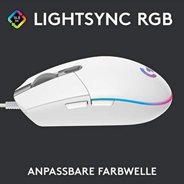 Logitech G203 Gaming-Maus mit anpassbarer LIGHTSYNC RGB-Beleuchtung 6 programmierbare Tasten spieletauglicher Sensor Abtastung mit 8.000 DPI Geringes Gewicht - Weiß