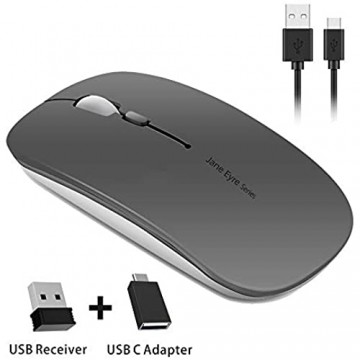 U5 Kabellose Maus 2.4Ghz Funkmaus wiederaufladbar leise Wireless Mouse Schnurlos Kabellos Optische Maus mit USB Nano Empfänger und Typ C-Adapter für PC/Tablet/Laptop und und Windows/Mac(Grau)