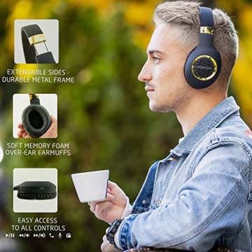 PowerLocus Bluetooth Kopfhörer Over Ear Kabellose Kopfhörer Faltbarer mit Mikrofon Hi-Fi-Stereo tiefer Bass weicher Ohrenschützer kabelloses & kabelgebundenes Headset für Handy Tablet PC-Schwarz/Gold