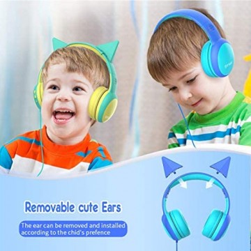 gorsun Kinderkopfhörer mit Kabel Faltbare Kopfhörer für Kinder mit Dekorationsohren verstellbare Leicht-Kopfhörer für Jungen und Mädchen-Blau