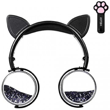 Katzenohr Kopfhörer Faltbarer Kopfhörer über dem Ohr für Mädchen und Frauen leuchtende Bling-Sterne kabelgebundenes Headset mit 3 5-mm-Stecker Mädchen Geschenk (Schwarz)