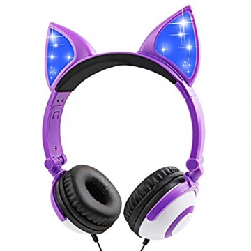 Kopfhörer kinder Sunvito kopfhörer mädchen 85dB Volumen kopfhörer kinder mit kabel für mädchen mit katzenohren Faltbar cat ear On Ear headphone (Lila)