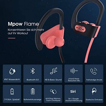Mpow Flame Bluetooth Kopfhörer IPX7 Wasserdicht Kopfhörer Sport Bluetooth 5.0/7-10 Stunden Spielzeit/Bass+ Technologie Sportkopfhörer Joggen/Laufen In Ear Kopfhörer mit HD-Mikrofon